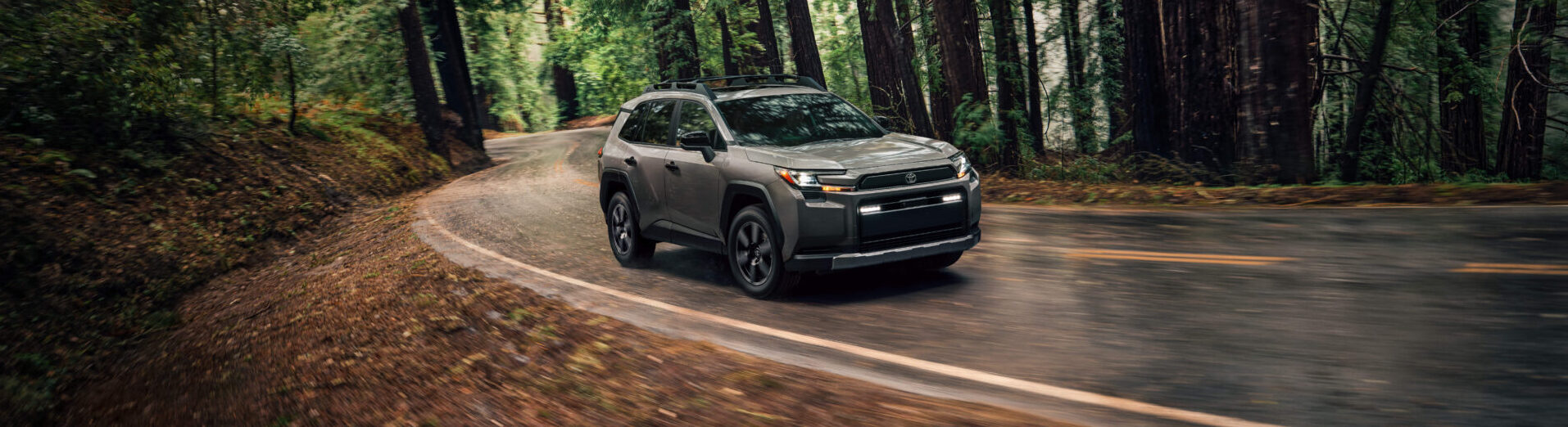 Toyota RAV4 2026 gris en mouvement sur une route forestière.