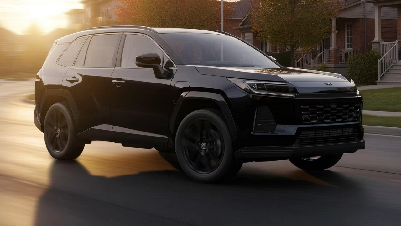 A black Toyota RAV4, seen from the front three-quarter angle, driving at full speed through a residential neighborhood.
