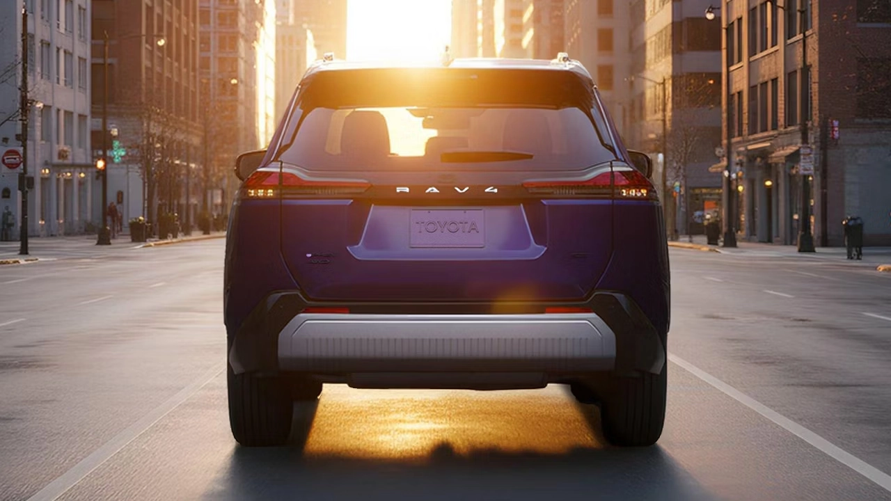The 2026 Toyota RAV4, viewed from the rear, driving down the middle of an avenue at sunset