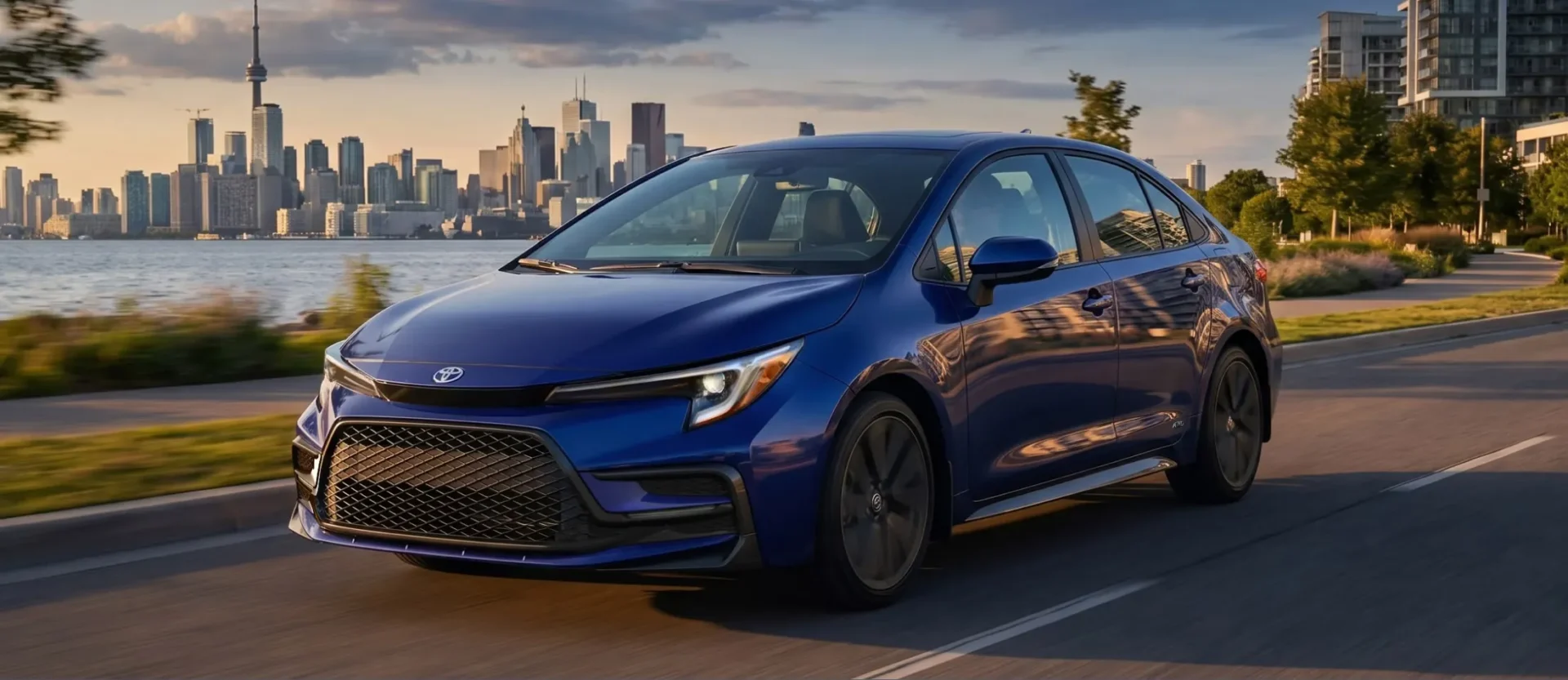 Blue 2027 Toyota Corolla Hybrid XSE on the road, illustrating the Toyota warranty claim process.