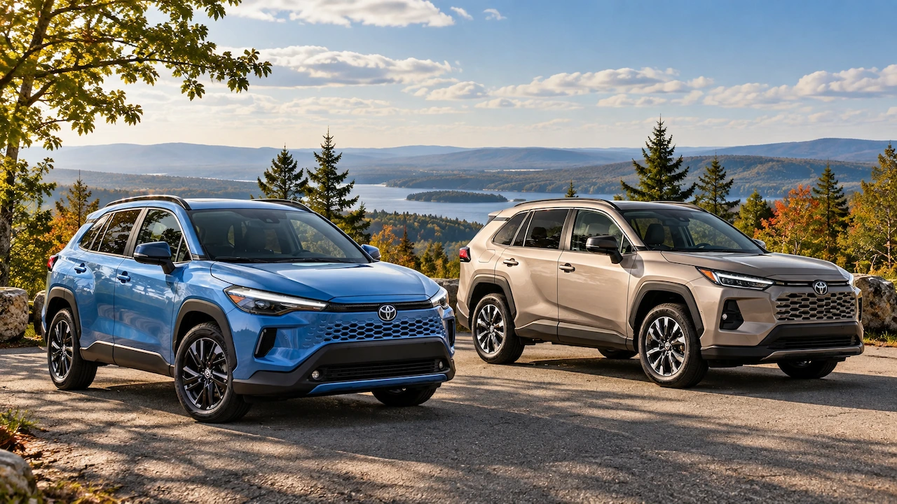 Toyota Corolla Cross bleu et RAV4 beige côte à côte dans un paysage automnal pour comparer les VUS 2026.